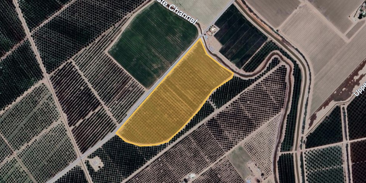 Aerial view of the orchard parcel, outlined in gold